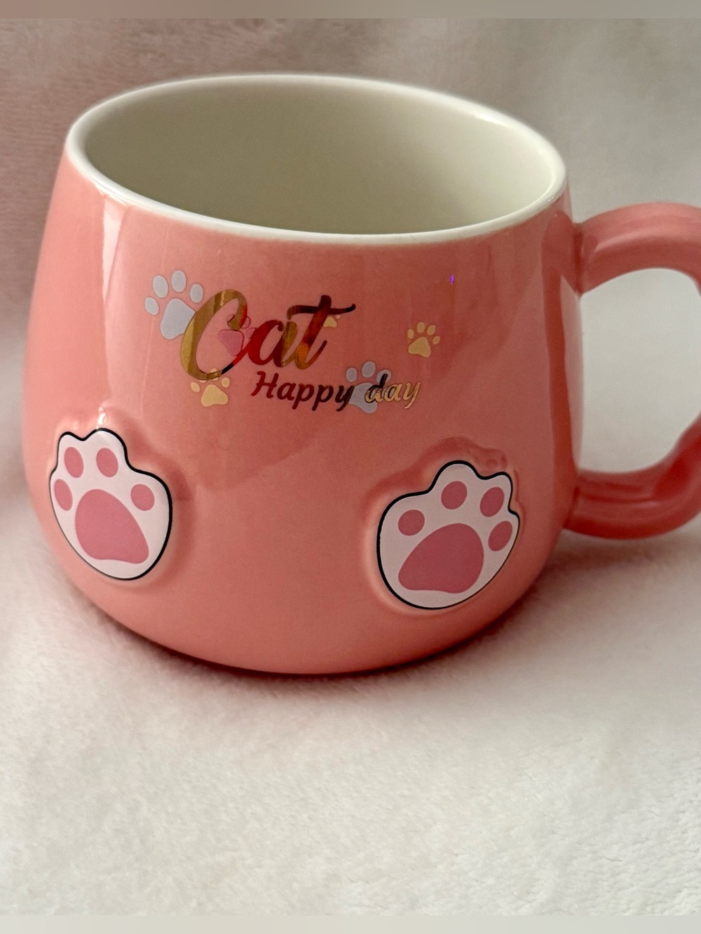 Kitty Cat Happy Day 3D Paw Paws Print Mug Cup Coffee Tea Pink Gold White Rare
